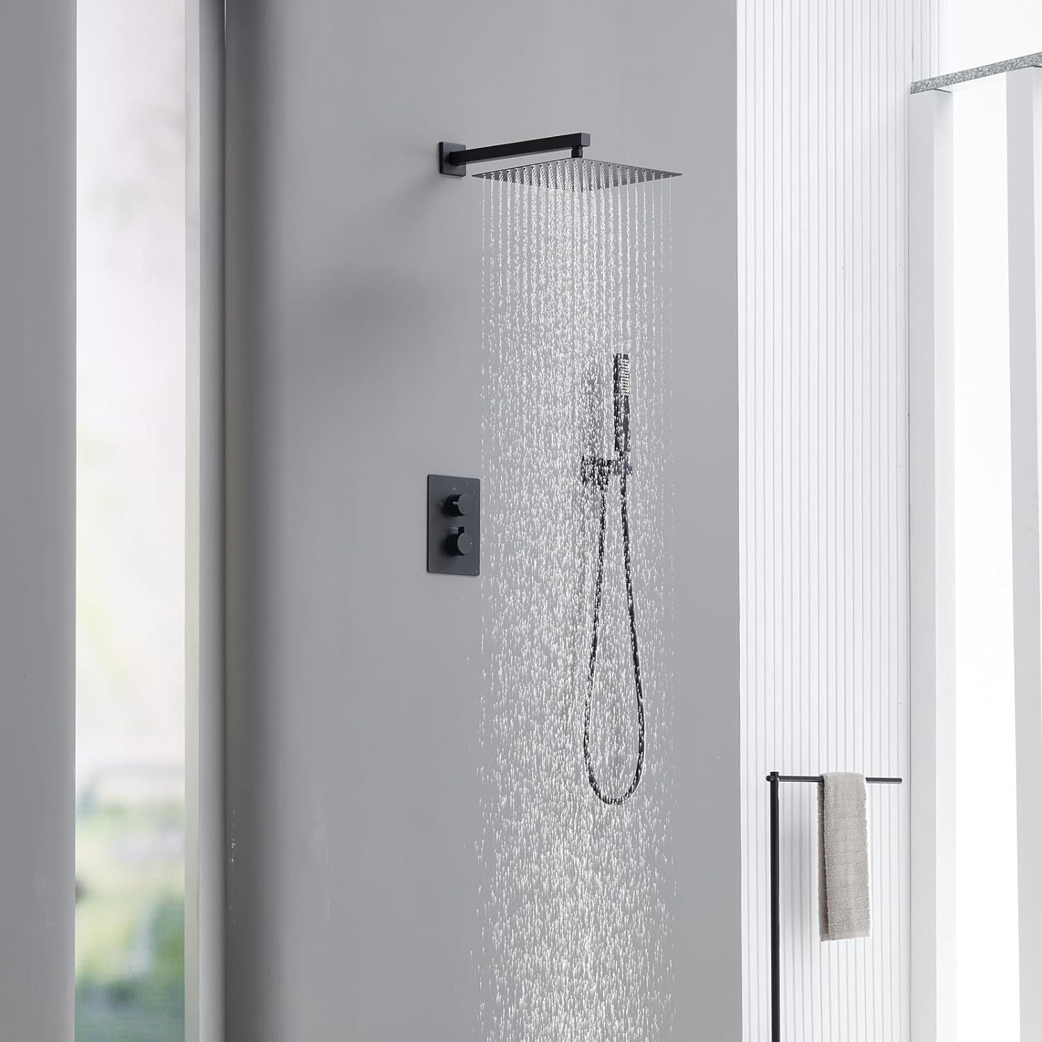 TRUSTMI Thermostatic Shower System Set Matte Black, 3-Way Push Button Diverter Brass Wall Mount Ceiling Shower Faucet Complete with16 Inch 2 Modes Wat