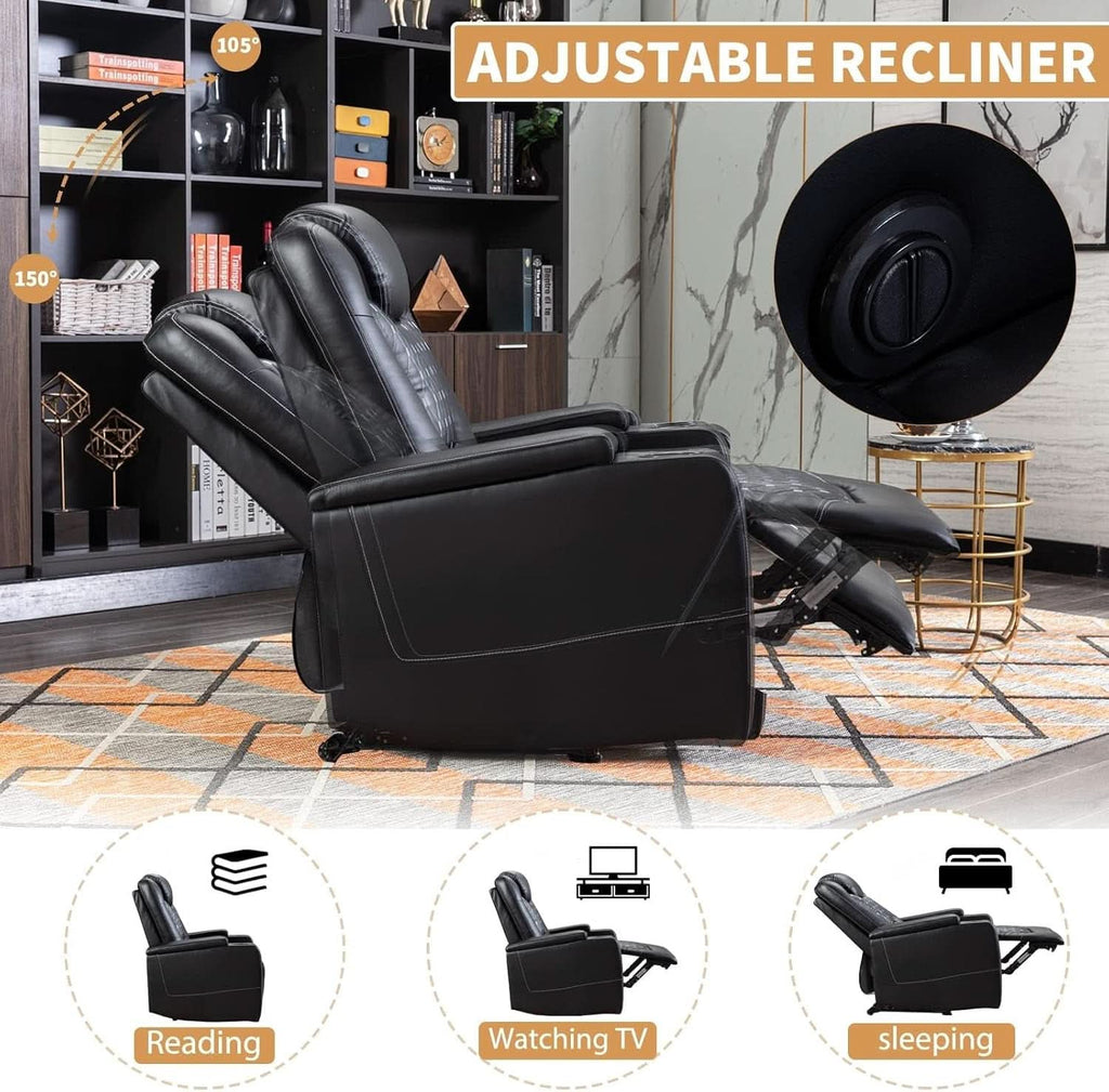 Power Recliner Chair Set Of 3 Black Leather With USB Ports