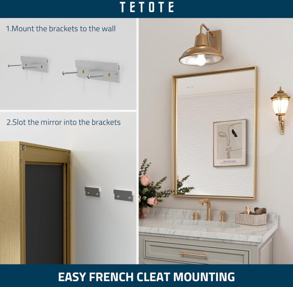 TETOTE Brushed Gold Bathroom Mirror 24 x 36 Inch Rectangle Gold Metal Framed Bathroom Vanity Mirror, Modern Farmhouse Rectangular Brass Frame Large Wa