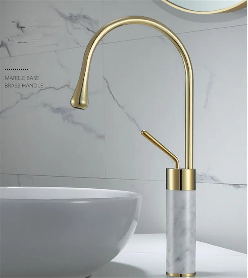 DecorBites™ Brushed Gold Brass & Marble Bathroom Sink Faucet