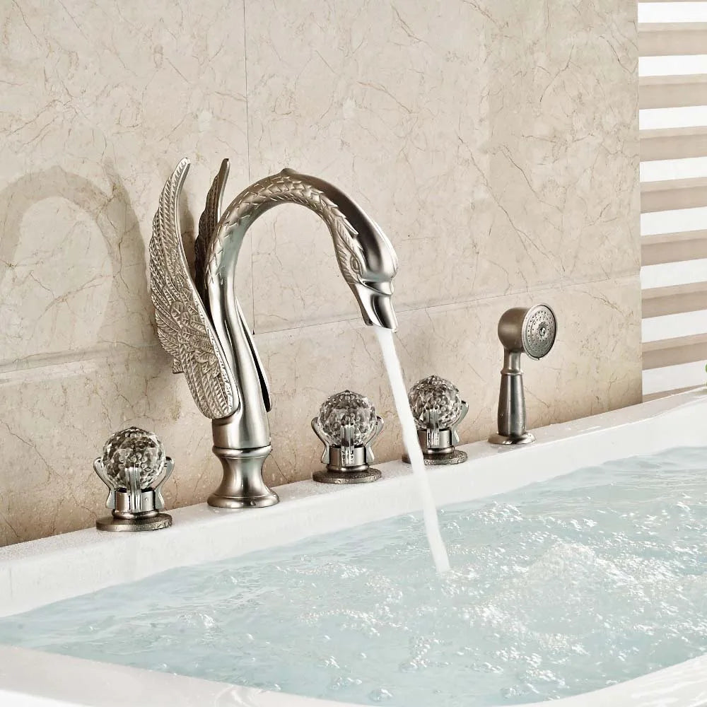 DecorBites™ Crystal Knob Swan Faucet 5-Hole Widespread Tub Mixer with Handshower