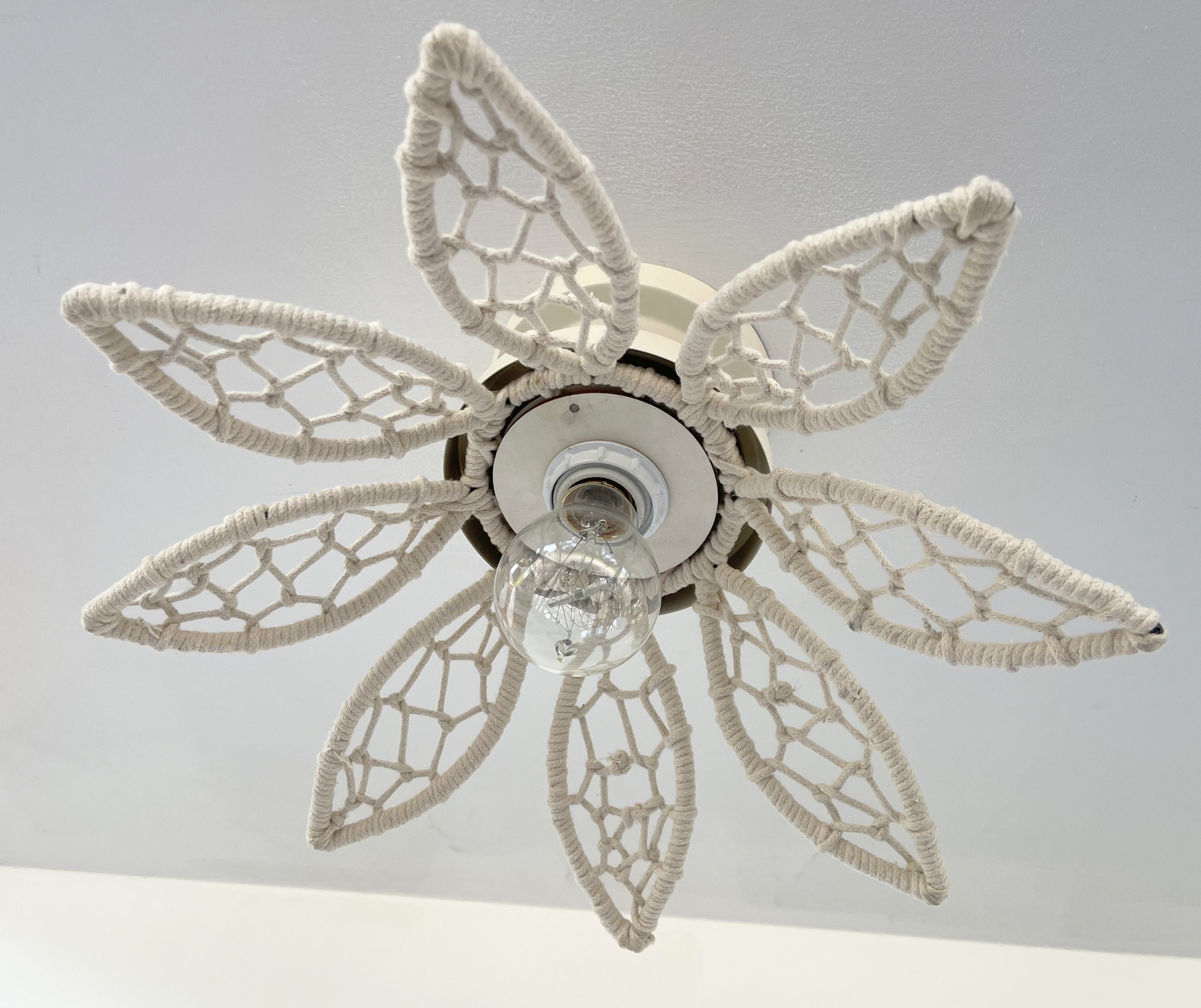 Ivory Natural Floral Ceiling Light Fixture Boho Jute Flush Mount For Living Rooms