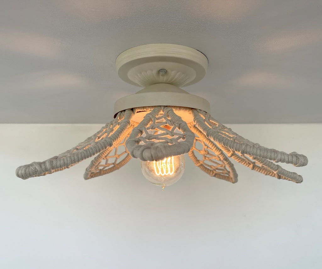 Ivory Natural Floral Ceiling Light Fixture Boho Jute Flush Mount For Living Rooms